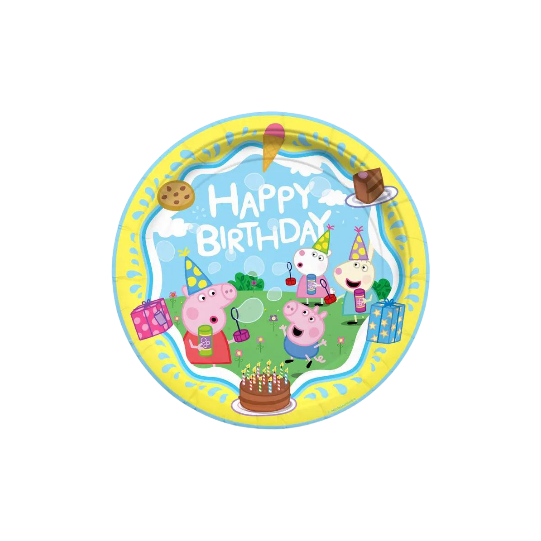 Blue and yellow Peppa Pig birthday plate with cartoon characters and cake from Parte Haus party supply store in Bethesda Maryland