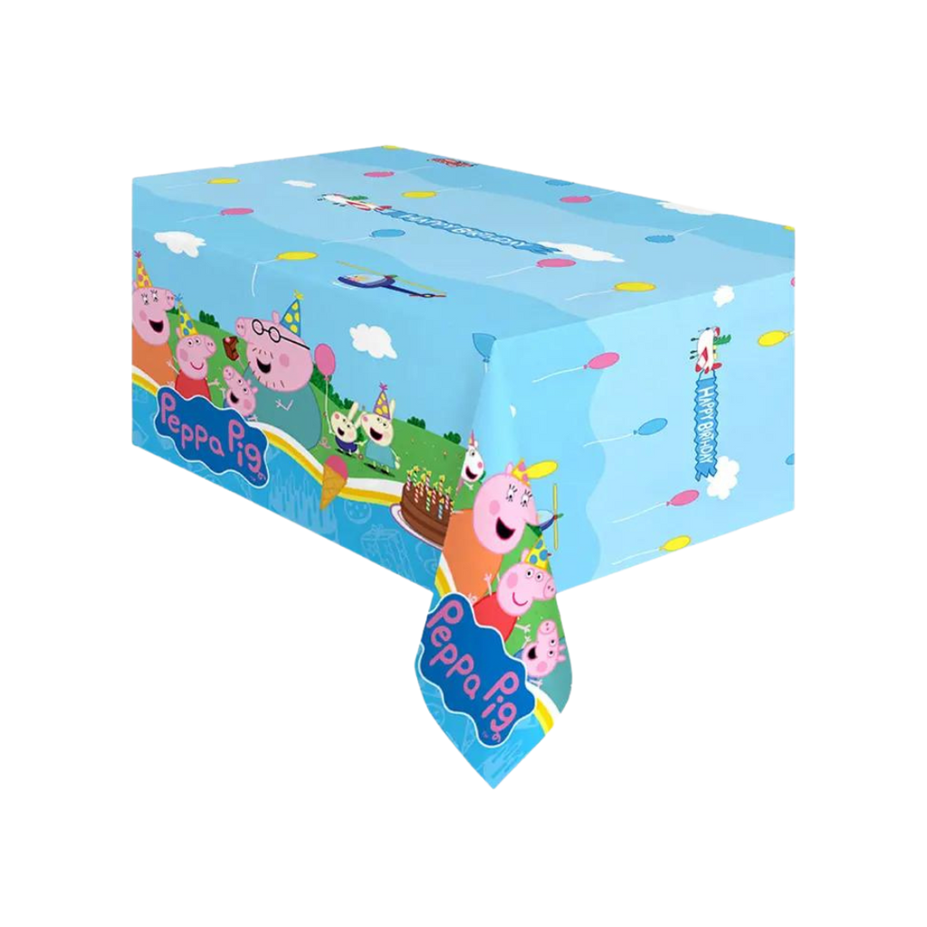 Blue Peppa Pig table cover with cartoon characters and balloons birthday theme from Parte Haus party supply store in Bethesda MD.