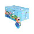 Blue Peppa Pig table cover with cartoon characters and balloons birthday theme from Parte Haus party supply store in Bethesda MD.