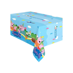 Blue Peppa Pig table cover with cartoon characters and balloons birthday theme from Parte Haus party supply store in Bethesda MD.