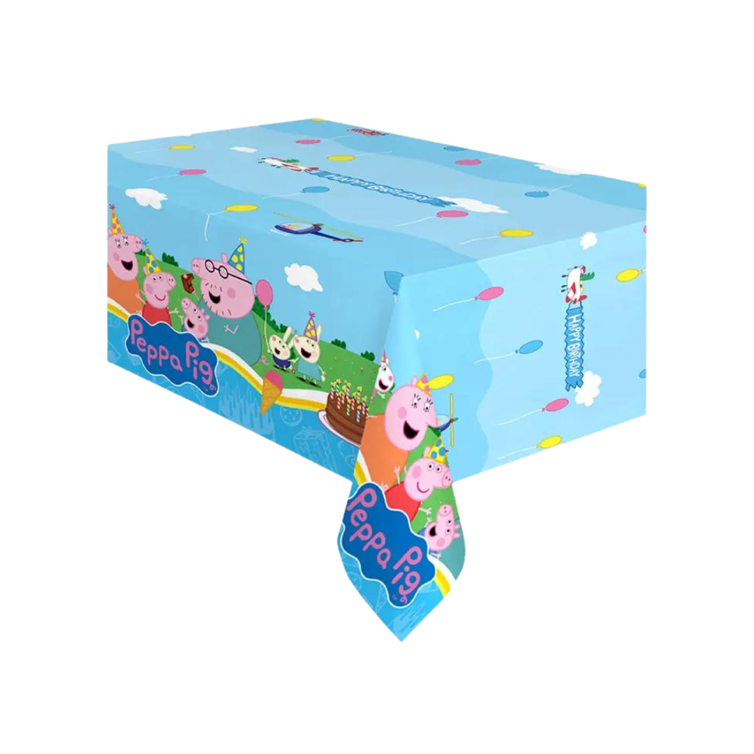 Blue Peppa Pig table cover with cartoon characters and balloons birthday theme from Parte Haus party supply store in Bethesda MD.