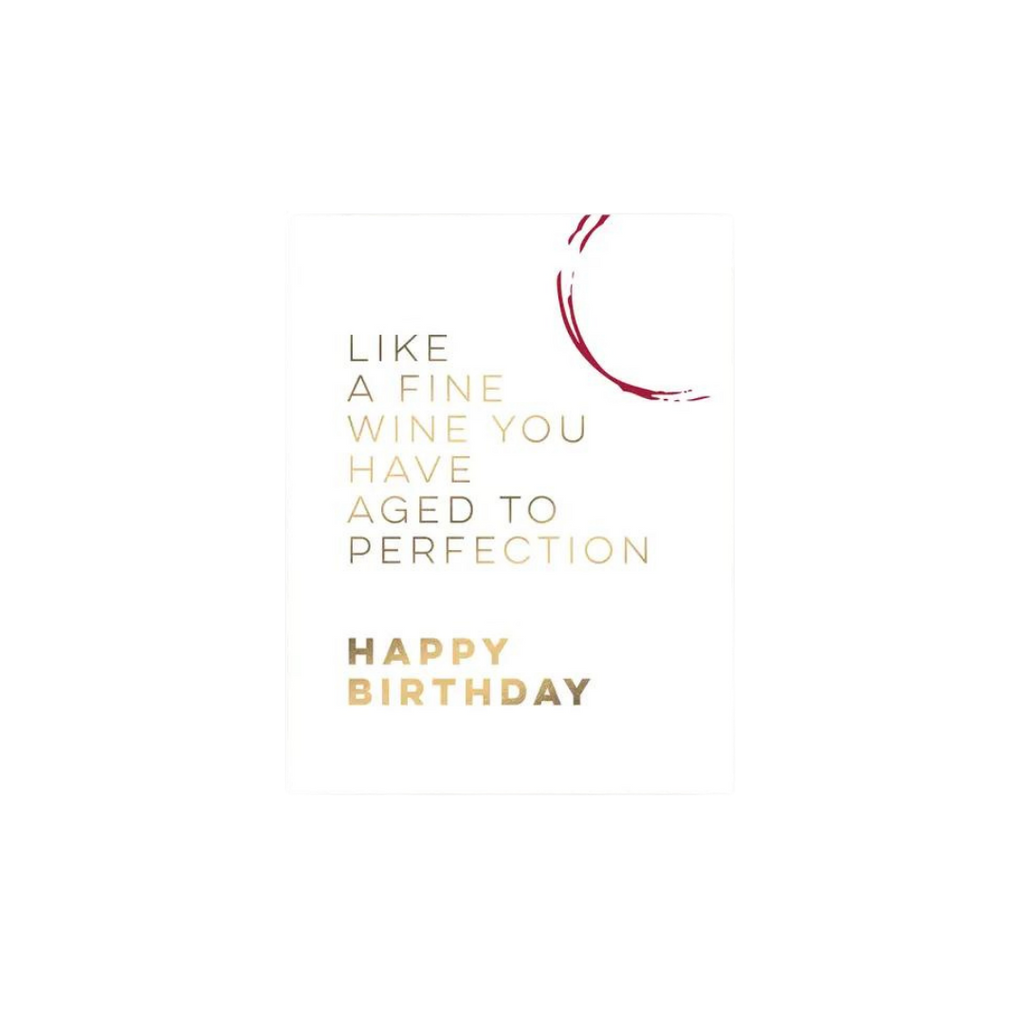 White wine themed birthday card with gold text and wine ring print wine birthday from Parte Haus party supply store in Bethesda MD