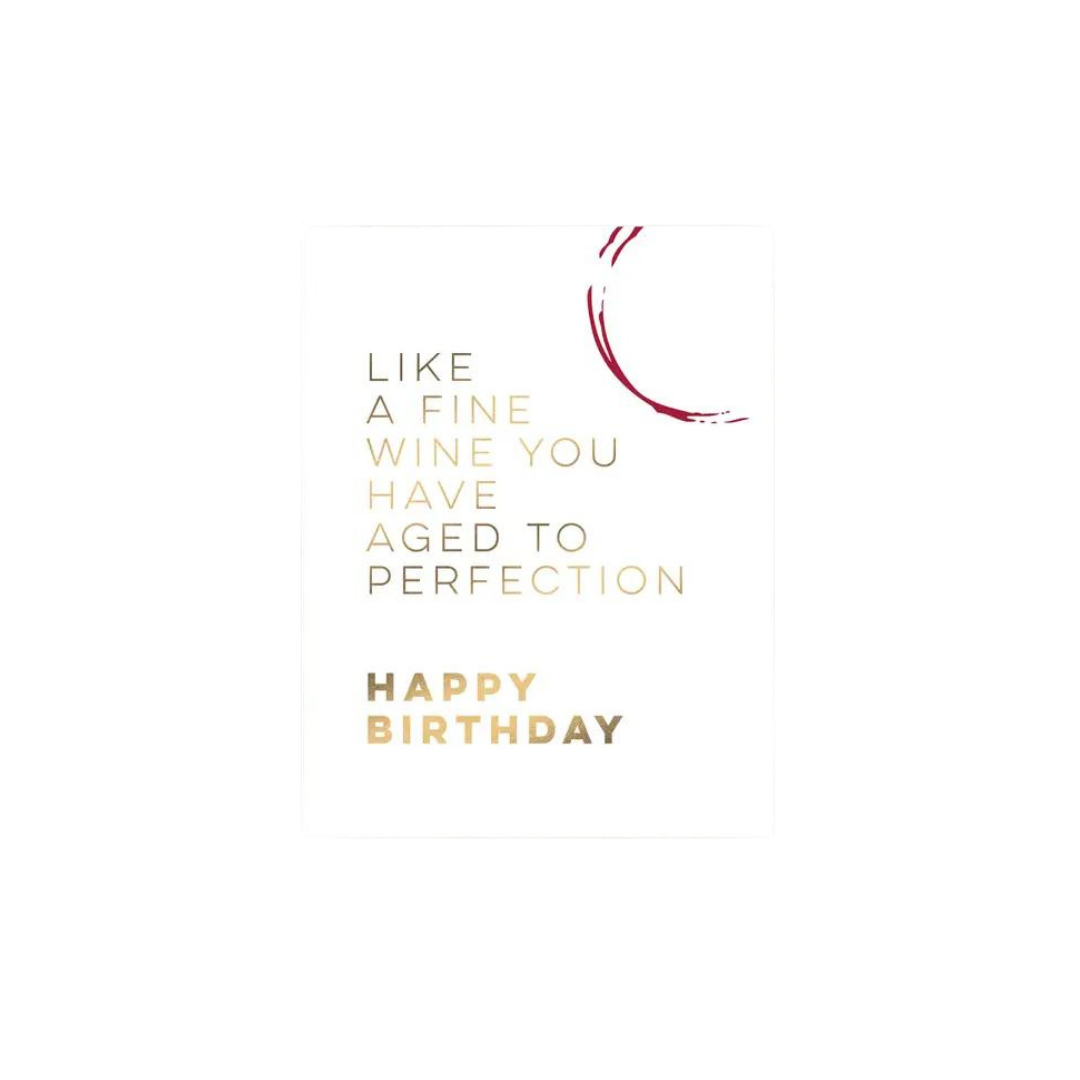 White wine themed birthday card with gold text and wine ring print wine birthday from Parte Haus party supply store in Bethesda MD