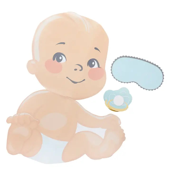 Blue and beige baby pin game with cute cartoon baby and accessories for baby shower from Parte Haus party supply store in Bethesda Maryland