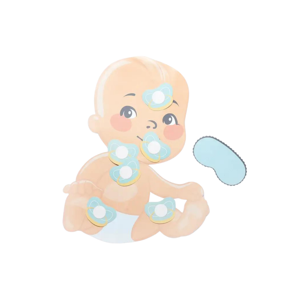 Blue baby shower Pin the Pacifier game board with illustrated baby from Parte Haus party supply store in Bethesda MD