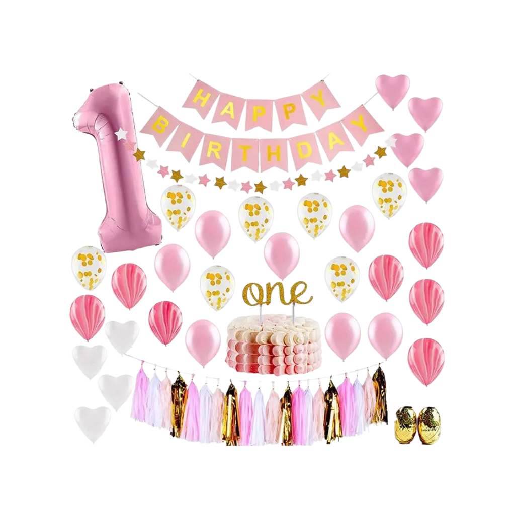 Pink first birthday decoration kit with balloons banner and cake topper for 1st birthday from Parte Haus party supply store in Bethesda MD