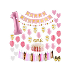 Pink first birthday decoration kit with balloons banner and cake topper for 1st birthday from Parte Haus party supply store in Bethesda MD