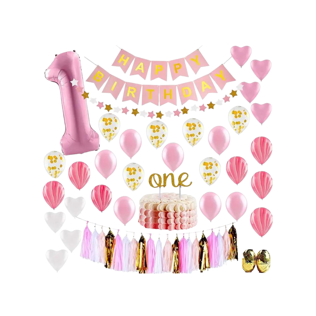 Pink first birthday decoration kit with balloons banner and cake topper for 1st birthday from Parte Haus party supply store in Bethesda MD