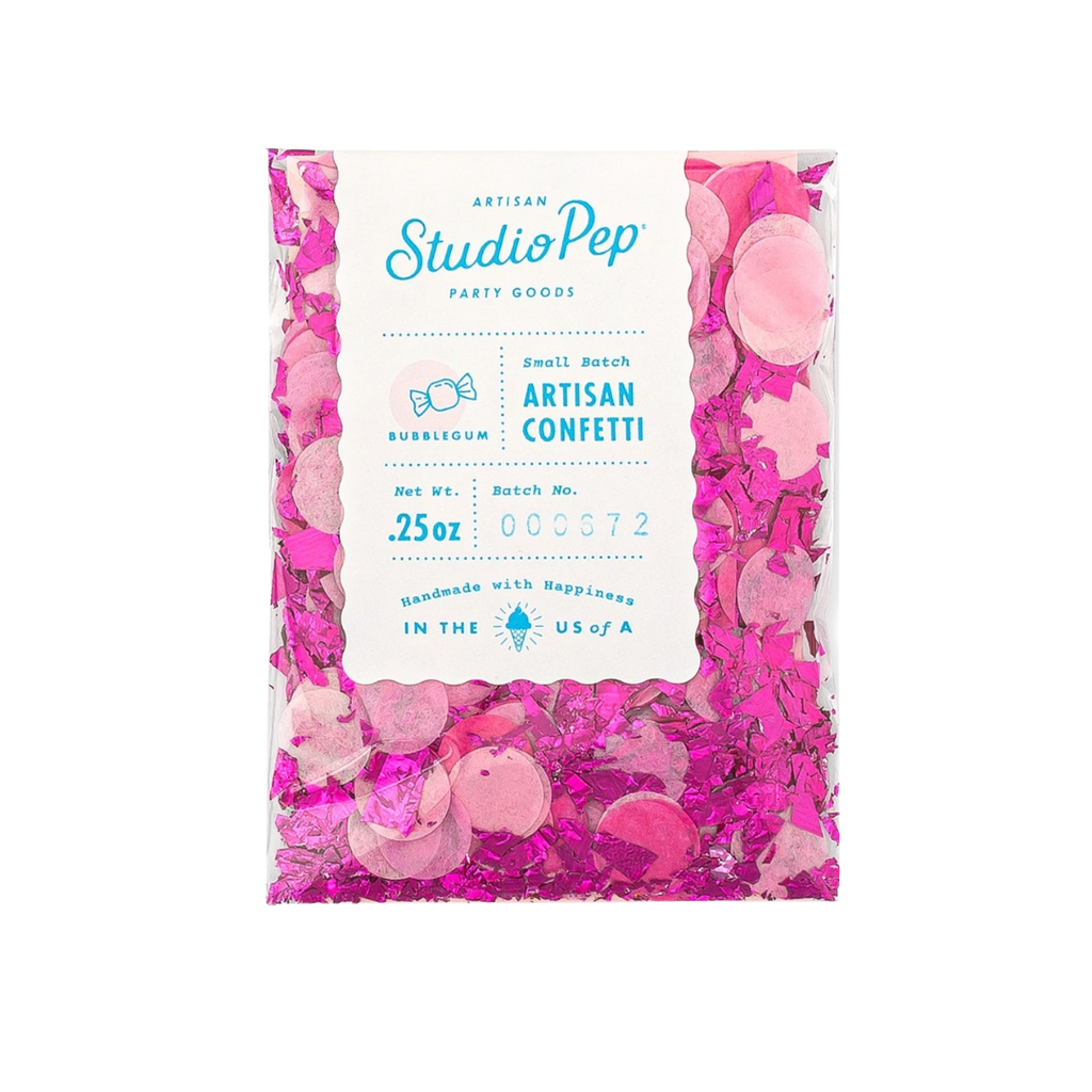 Pink bubblegum confetti mini pack with round and shiny shapes birthday celebration from Parte Haus party supply store in Bethesda MD
