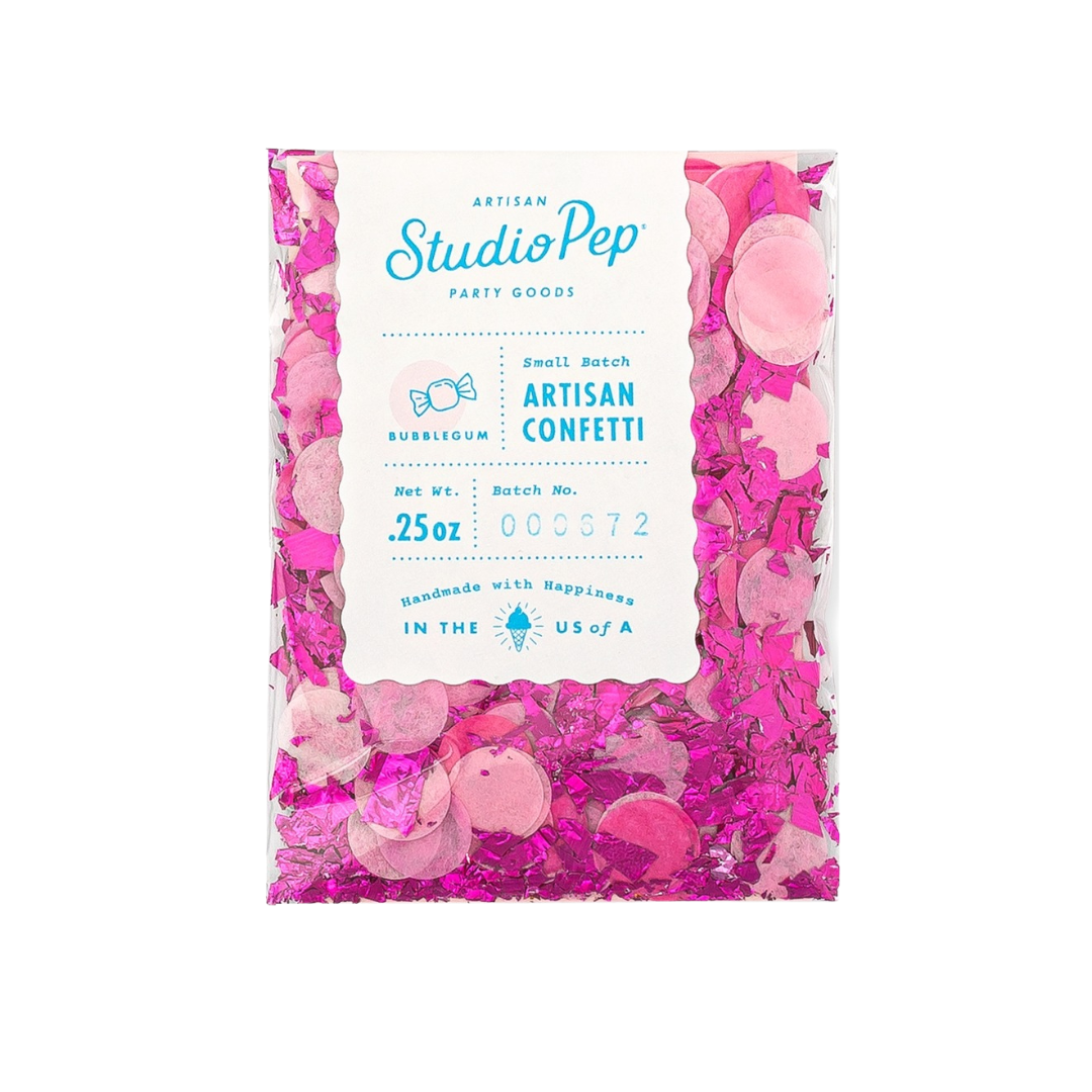 Pink bubblegum confetti mini pack with round and shiny shapes birthday celebration from Parte Haus party supply store in Bethesda MD