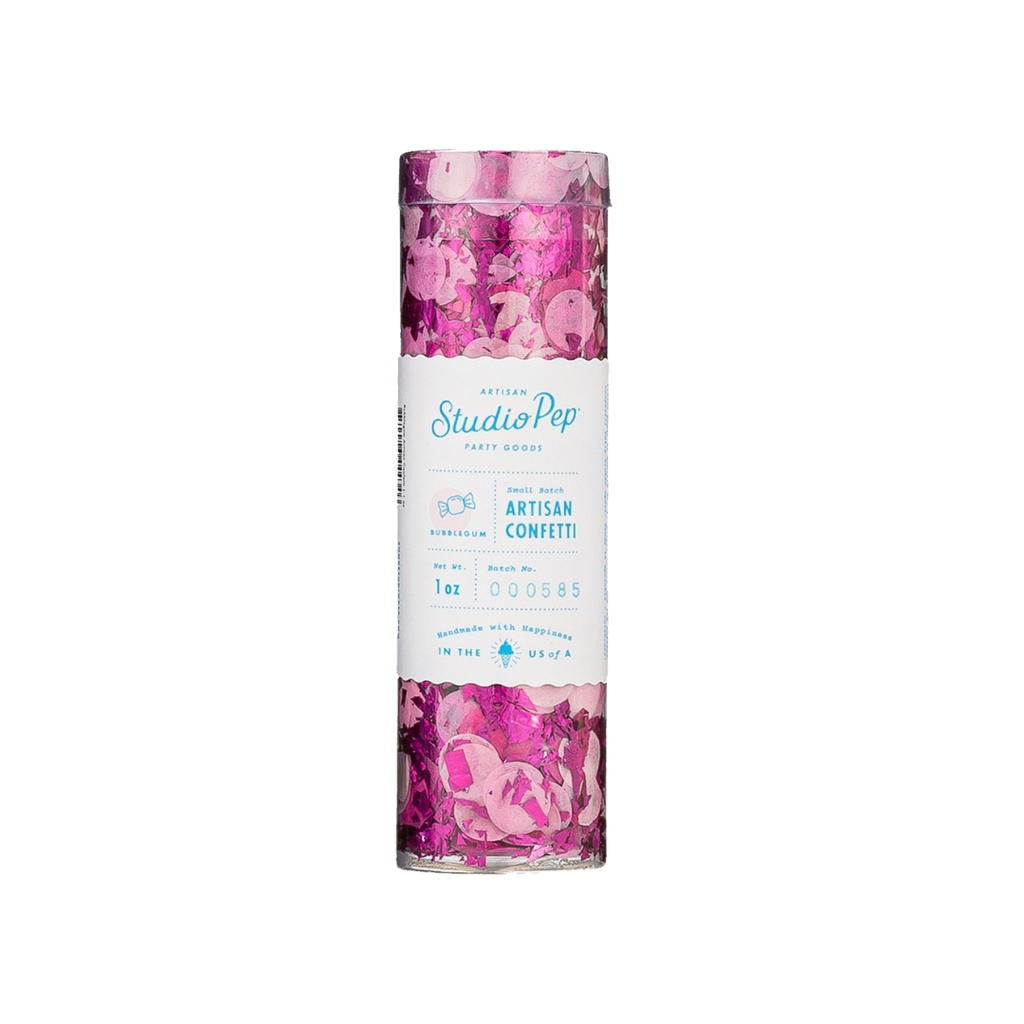 Pink bubblegum confetti in clear cylinder for celebrations from Parte Haus party supply store in Bethesda Maryland