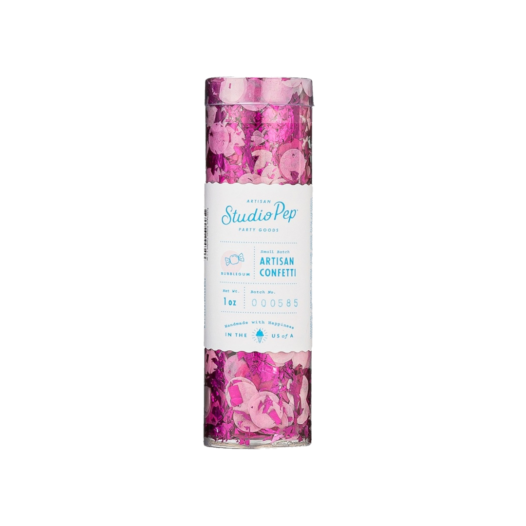 Pink bubblegum confetti in clear cylinder for celebrations from Parte Haus party supply store in Bethesda Maryland
