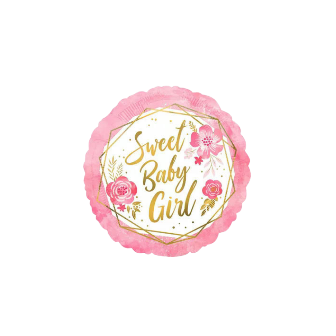 Pink floral geometric Sweet Baby Girl foil balloon baby shower from Parte Haus party supply store in Bethesda MD
