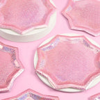 Pink foil starburst plate shiny scalloped edge for birthday or bachelorette from Parte Haus party supply store in Bethesda MD