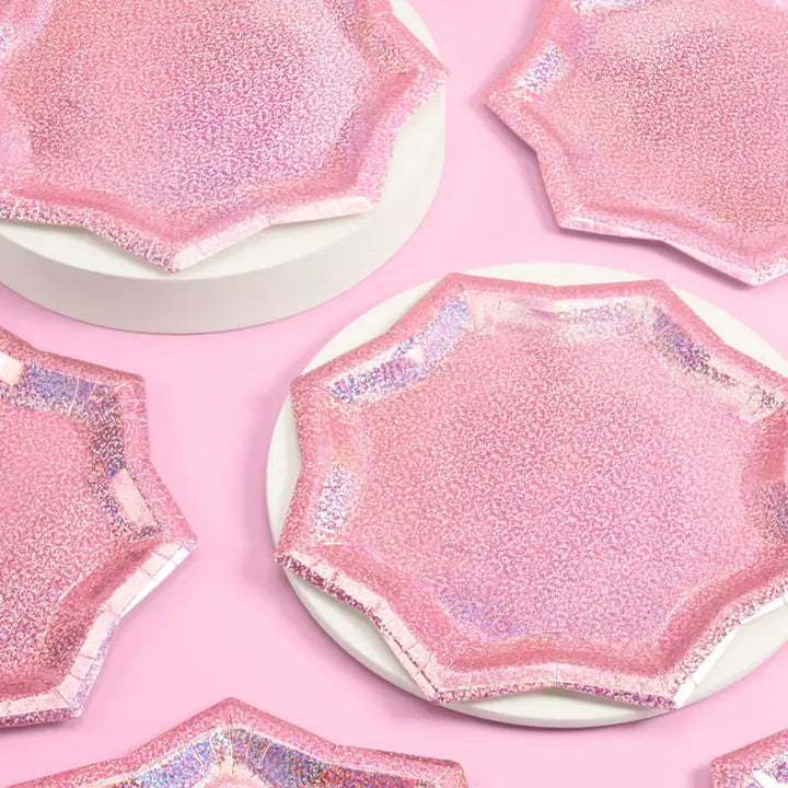 Pink foil starburst plate shiny scalloped edge for birthday or bachelorette from Parte Haus party supply store in Bethesda MD