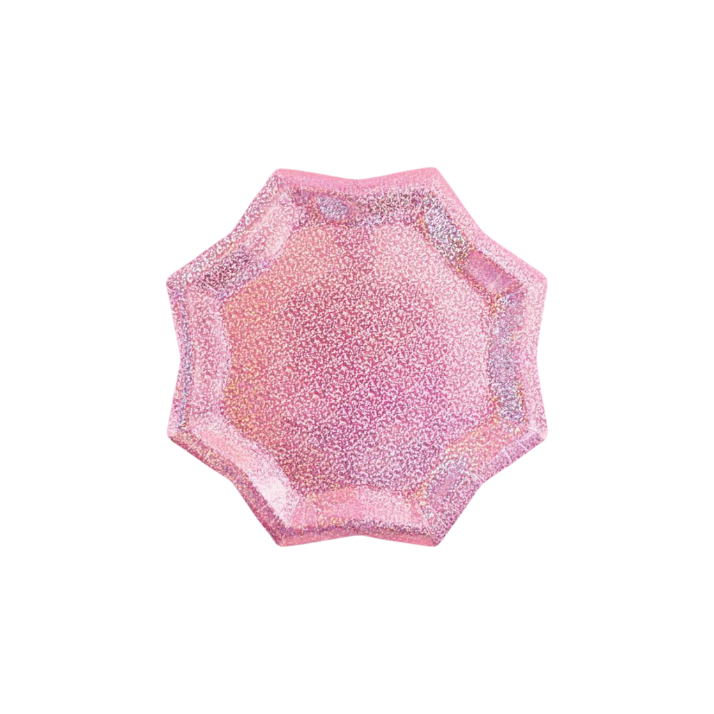 Pink foil starburst plate with sparkling finish for bachelorette or birthday from Parte Haus party supply store in Bethesda Maryland