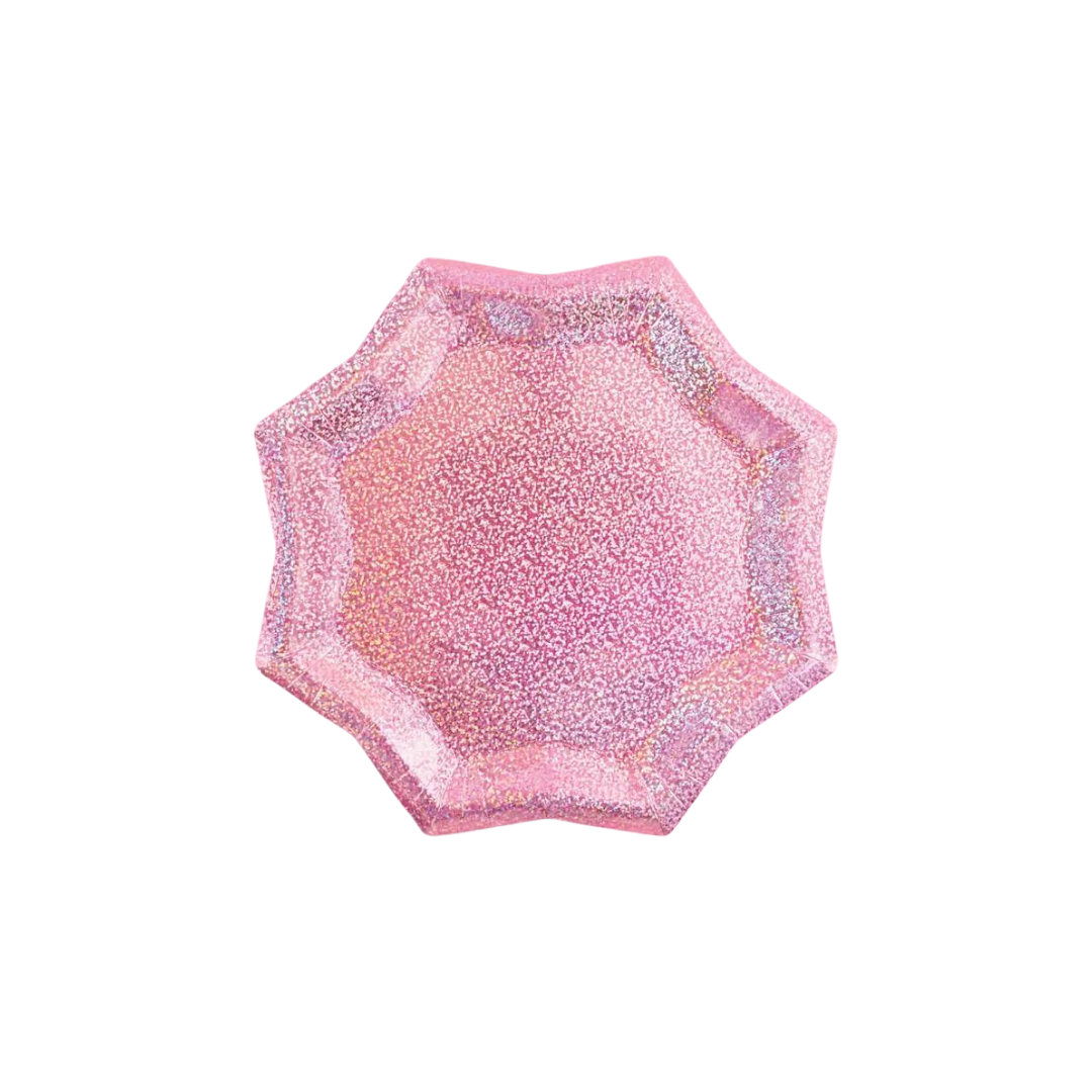 Pink foil starburst plate with sparkling finish for bachelorette or birthday from Parte Haus party supply store in Bethesda Maryland