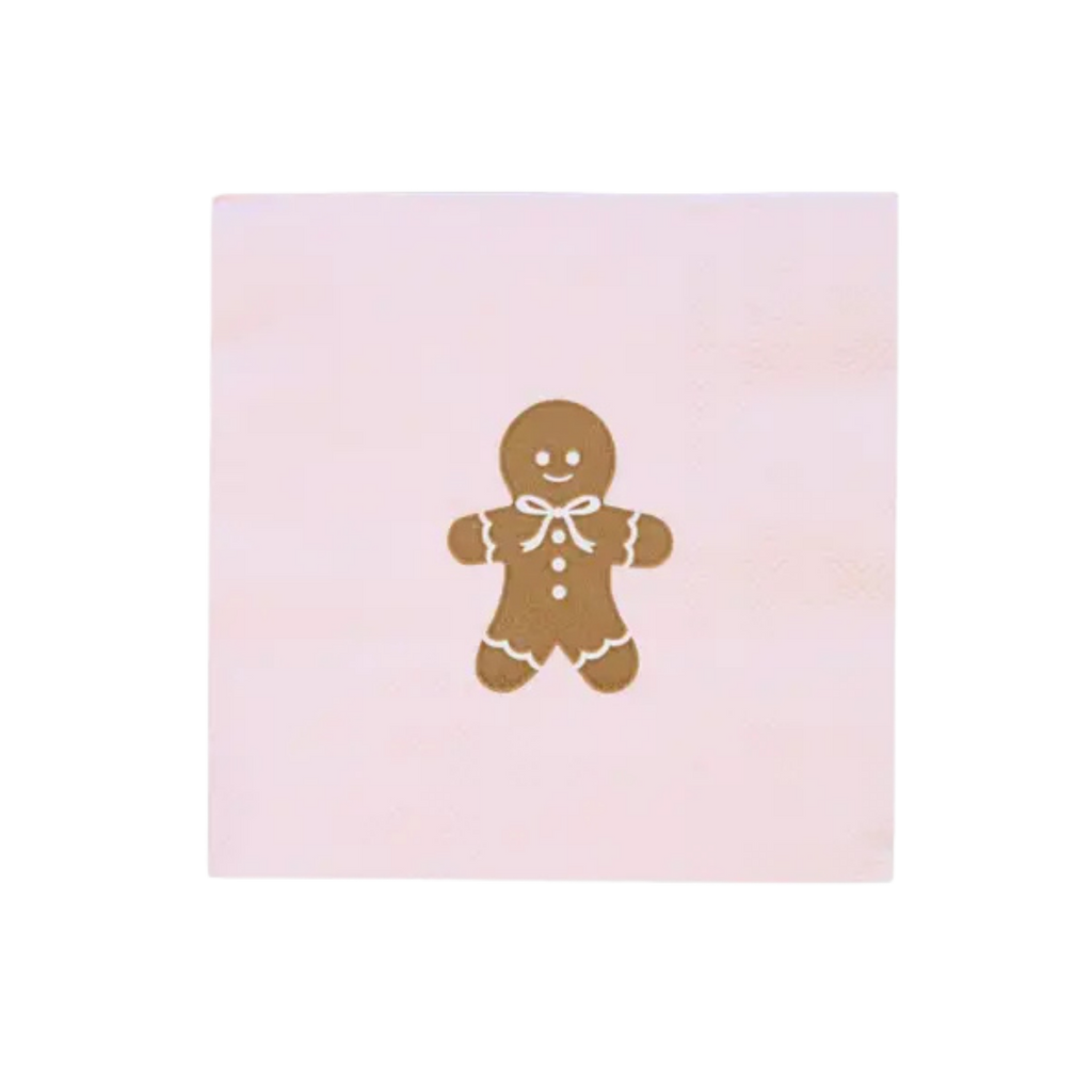 Pink gingerbread napkin with cute brown cookie for Christmas from Parte Haus party supply store in Bethesda MD