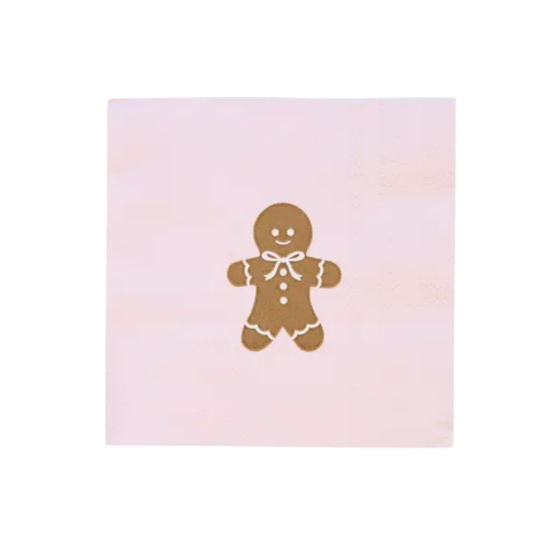 Pink gingerbread napkin with cute brown cookie for Christmas from Parte Haus party supply store in Bethesda MD