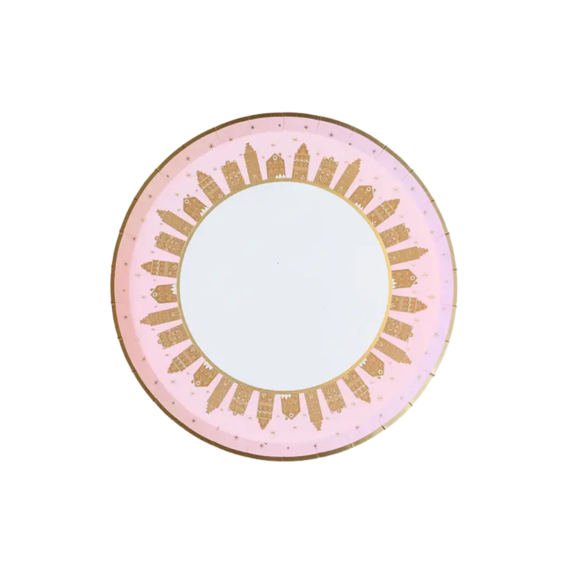 Pink gingerbread small plate with gold house border Christmas from Parte Haus party supply store in Bethesda MD