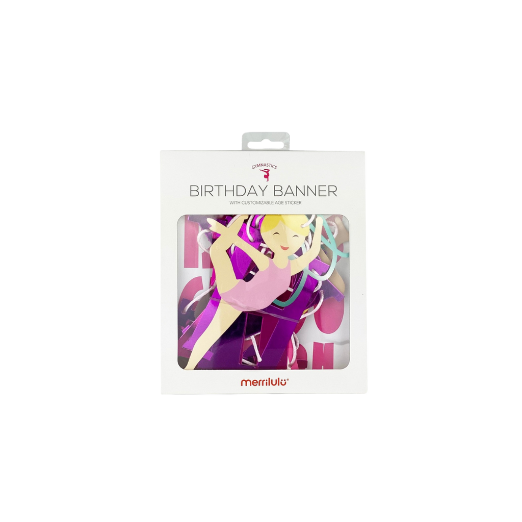 Pink gymnastics birthday banner with gymnast cutout for gymnastics party from Parte Haus party supply store in Bethesda Maryland