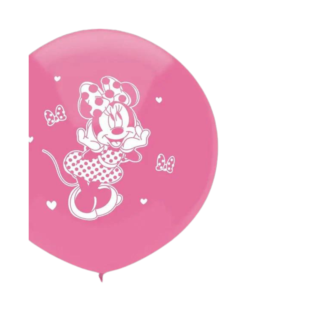 Pink Minnie Mouse latex balloon with hearts for kids birthday from Parte Haus party supply store in Bethesda MD