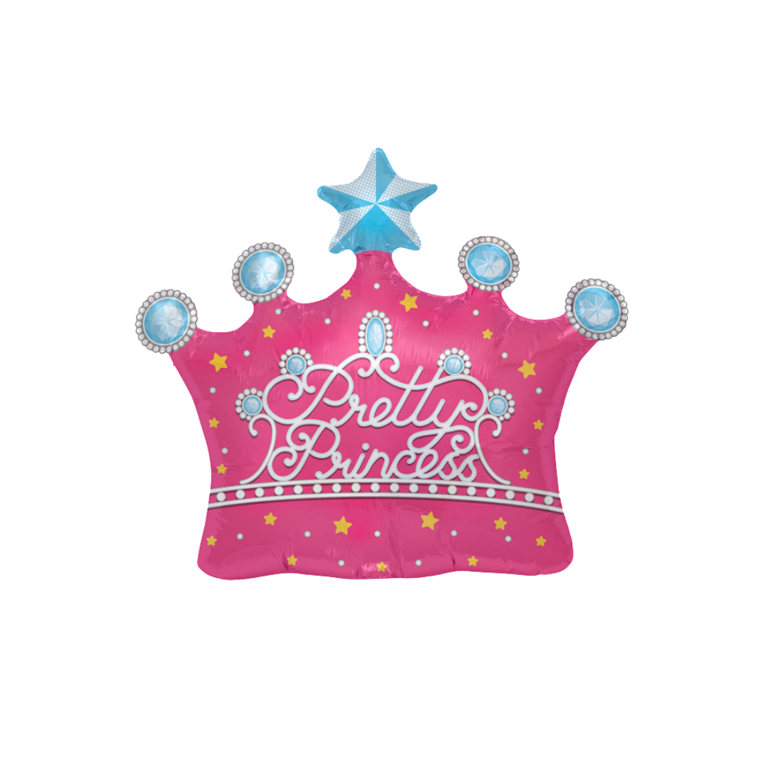 Pink princess crown foil balloon with star accents for birthday theme from Parte Haus party supply store in Bethesda MD