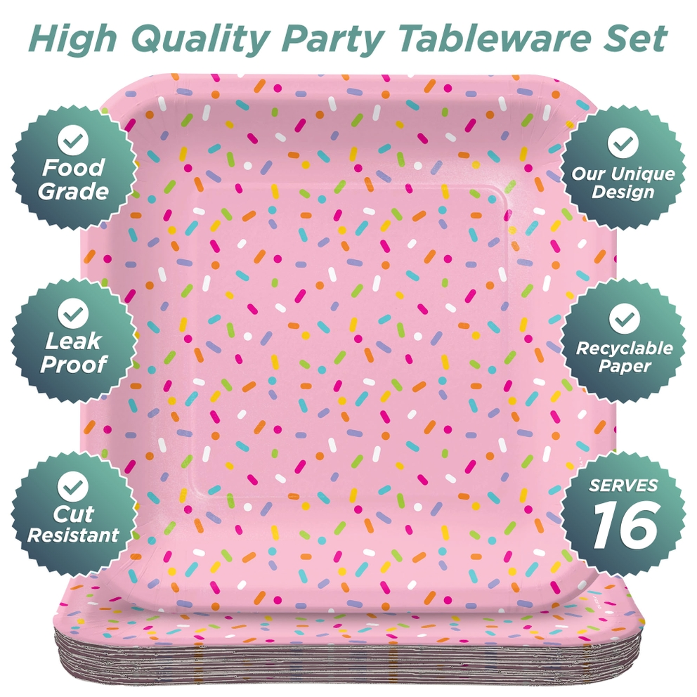 Pink sprinkles large dinner paper plates with colorful sprinkle pattern birthday celebration from Parte Haus party supply store in Bethesda MD