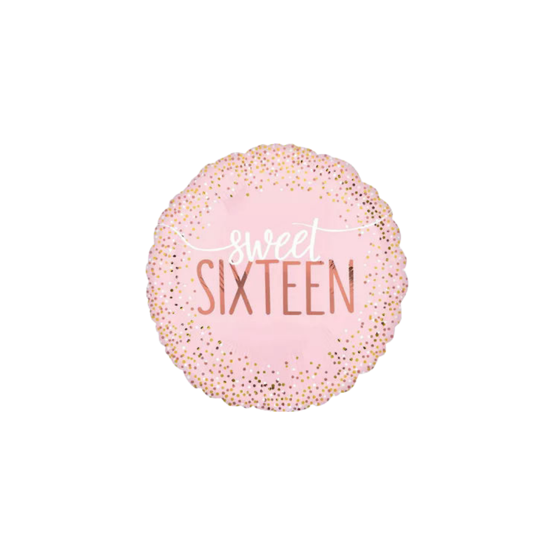 Pink sweet sixteen balloon with gold confetti design for birthday from Parte Haus party supply store in Bethesda MD