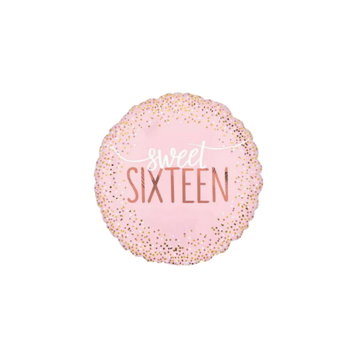 Pink sweet sixteen balloon with gold confetti design for birthday from Parte Haus party supply store in Bethesda MD