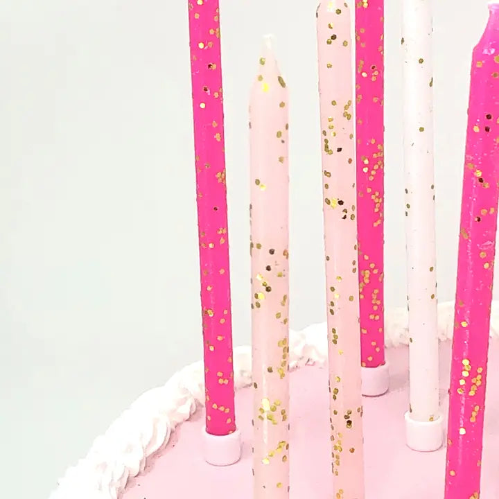 Pink tones gold glitter candle set on birthday cake from Parte Haus party supply store in Bethesda MD