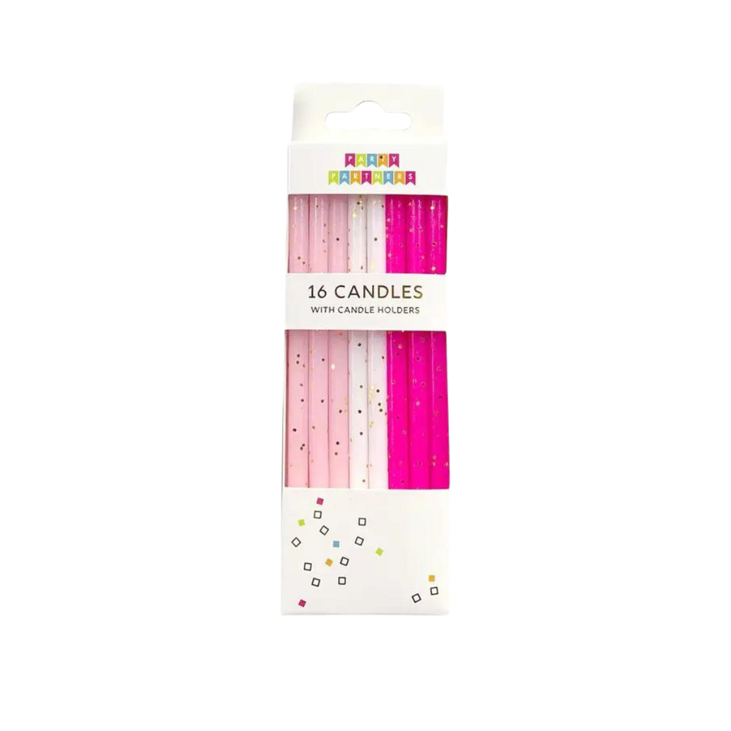 Pink tones gold glitter candle set with sixteen candles for birthdays from Parte Haus party supply store in Bethesda MD