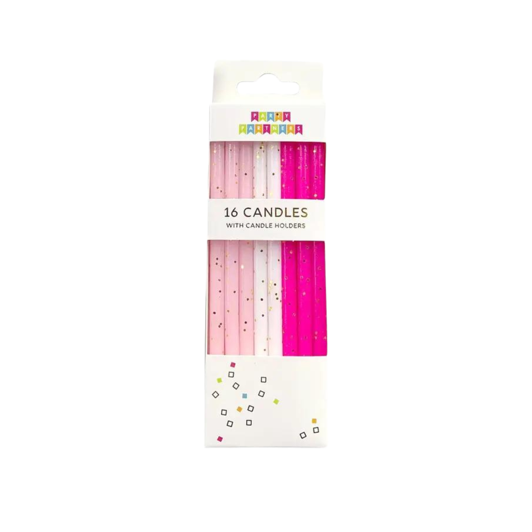 Pink tones gold glitter candle set with sixteen candles for birthdays from Parte Haus party supply store in Bethesda MD