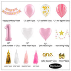 Pink first birthday decoration kit with balloons garland star string from Parte Haus party supply store in Bethesda Maryland
