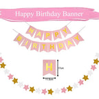 Pink happy birthday banner with gold stars for first birthday decoration from Parte Haus party supply store in Bethesda MD