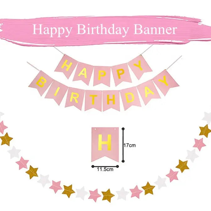 Pink happy birthday banner with gold stars for first birthday decoration from Parte Haus party supply store in Bethesda MD