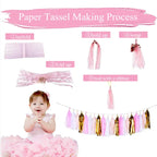 Pink birthday decoration kit with tassel garland and baby girl for first birthday from Parte Haus party supply store in Bethesda Maryland