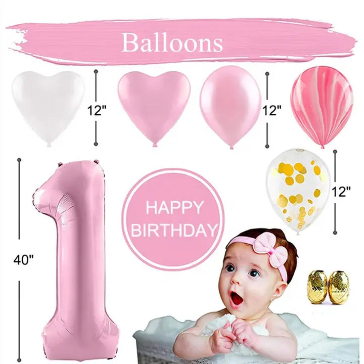 Pink first birthday decoration kit with balloons and baby girl first birthday theme from Parte Haus party supply store in Bethesda Maryland