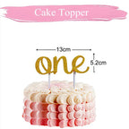 Pink cake topper with gold glitter one text for first birthday from Parte Haus party supply store in Bethesda MD
