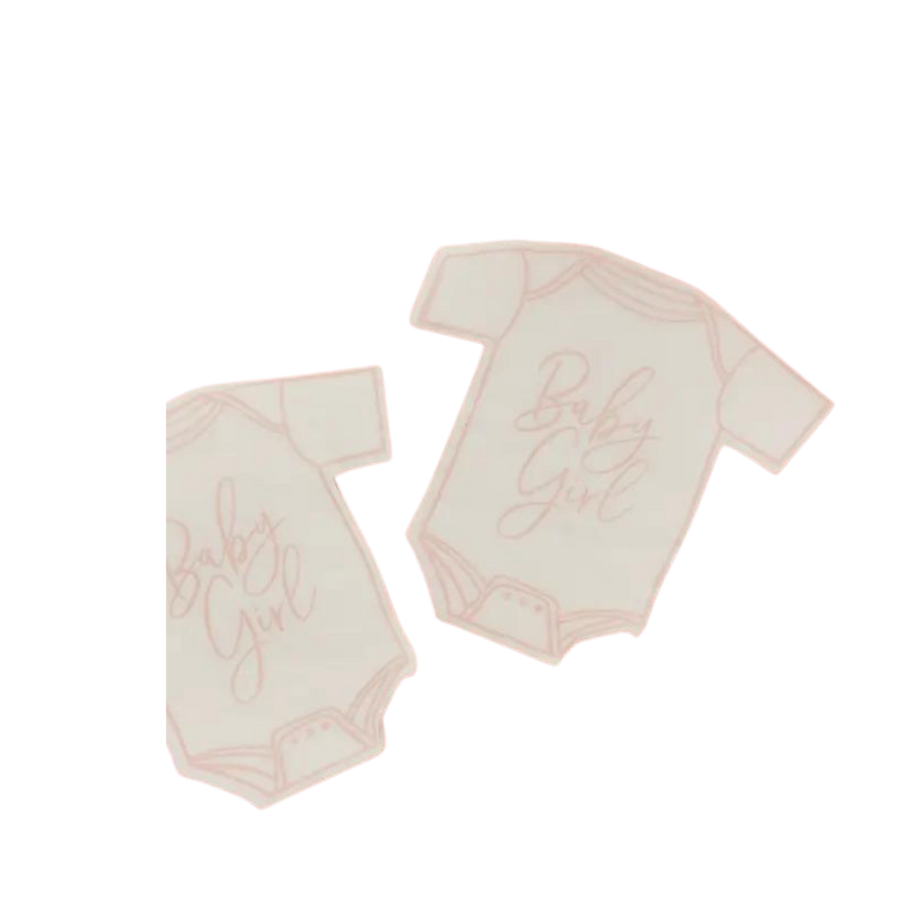 Pink baby girl babygrow shaped paper napkins with script text baby shower theme from Parte Haus party supply store in Bethesda MD