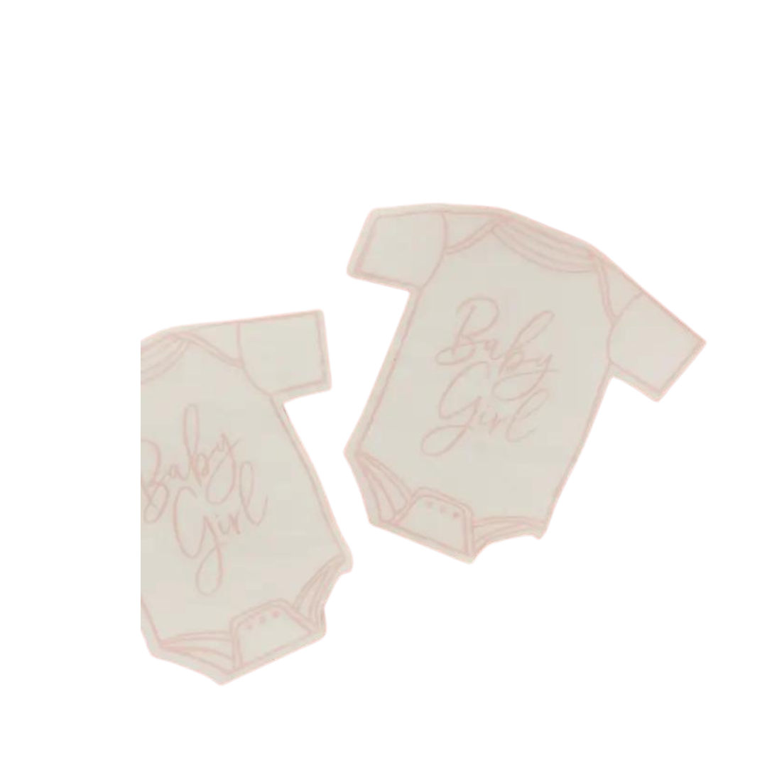 Pink baby girl babygrow shaped paper napkins with script text baby shower theme from Parte Haus party supply store in Bethesda MD