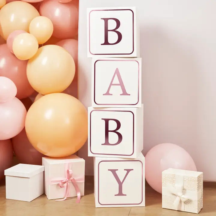 Pink baby jumbo blocks with balloons for baby shower from Parte Haus party supply store in Bethesda MD
