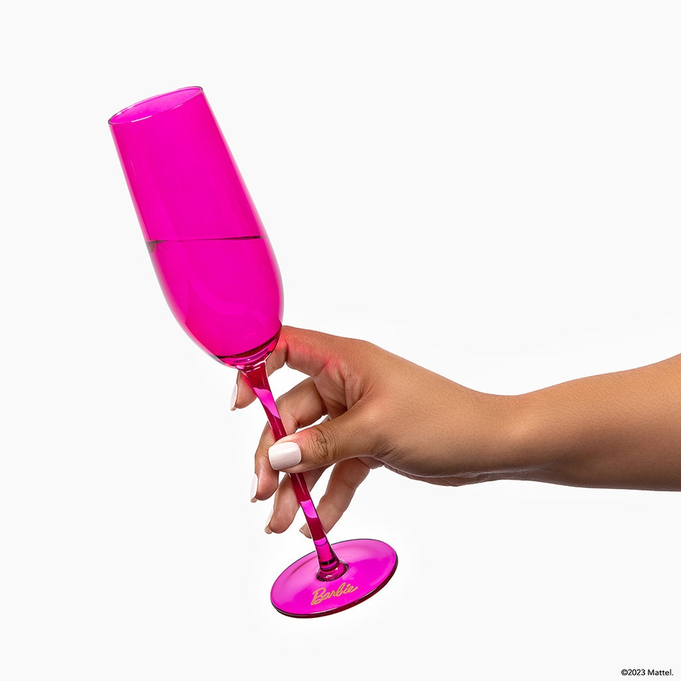 Pink champagne flute with Barbie logo elegant modern style from Parte Haus party supply store in Bethesda MD