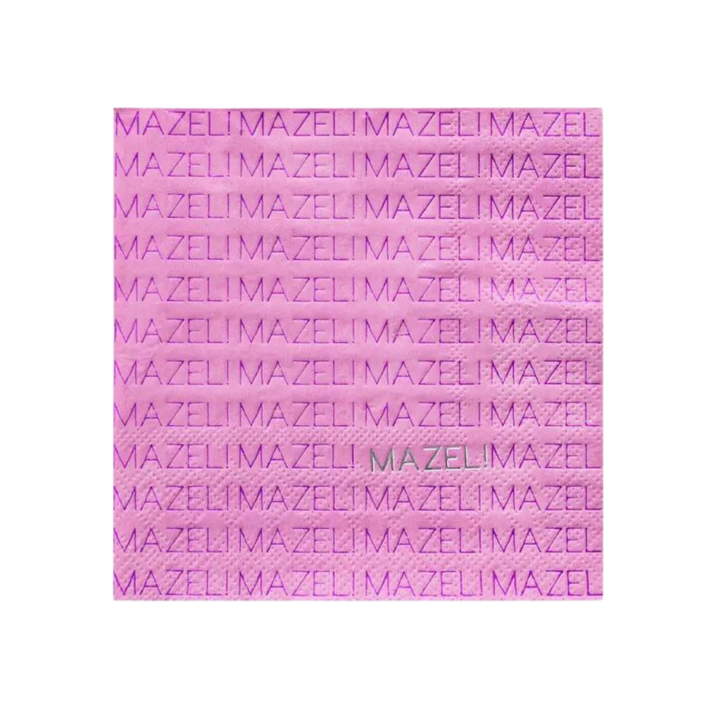 Pink cocktail napkin with Mazel text for celebration from Parte Haus party supply store in Bethesda Maryland
