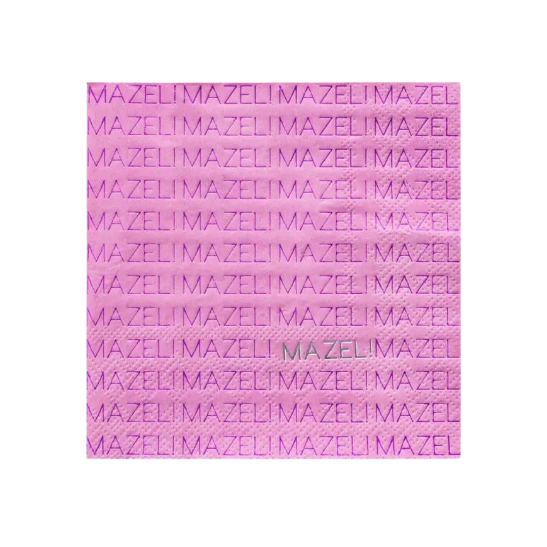 Pink cocktail napkin with Mazel text for celebration from Parte Haus party supply store in Bethesda Maryland