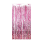 Pink metallic fringe tinsel curtain backdrop for birthday celebration from Parte Haus party supply store in Bethesda MD