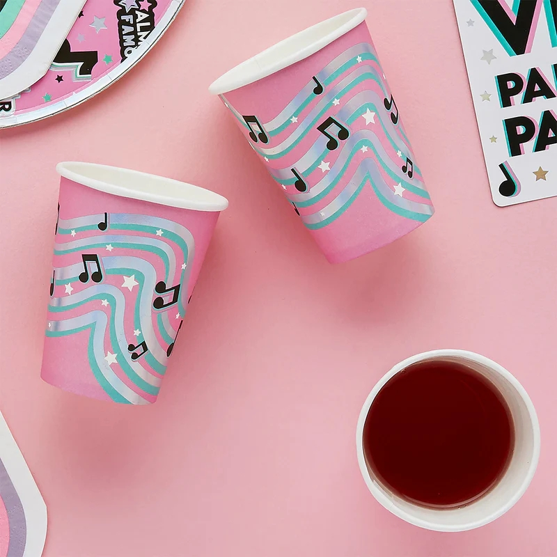 Pink musical notes cups with colorful wavy lines music themed from Parte Haus party supply store in Bethesda Maryland