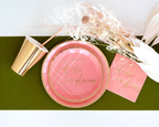 Pink and gold birthday napkin with Feliz Cumpleaños text celebration theme from Parte Haus party supply store in Bethesda MD