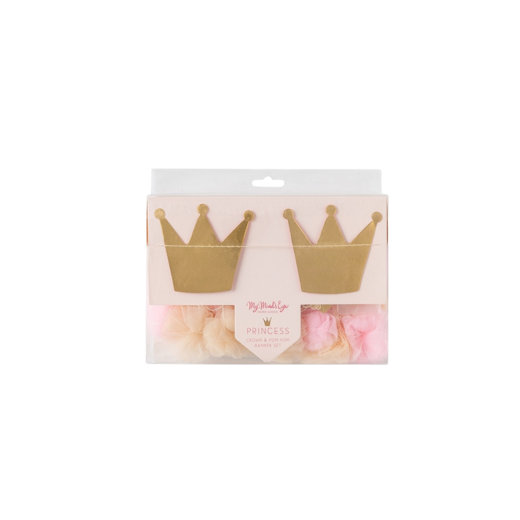 Pink and gold princess crown and pom pom tulle banner princess party theme from Parte Haus party supply store in Bethesda MD