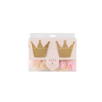 Pink and gold princess crown and pom pom tulle banner princess party theme from Parte Haus party supply store in Bethesda MD